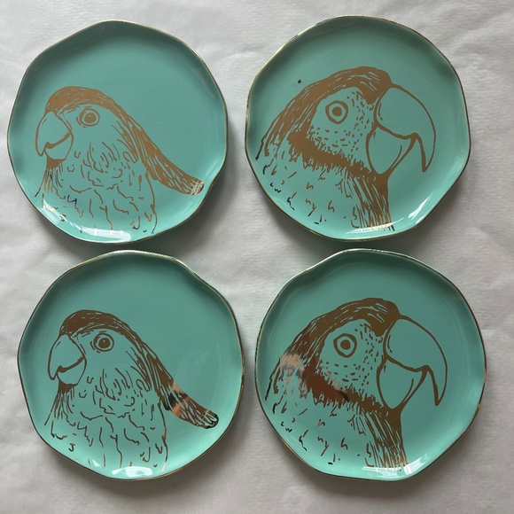 Set of 3 Arlington Designs 8.25" Aqua Plates Set Gold Accents Parrots Birds - Picture 1 of 7